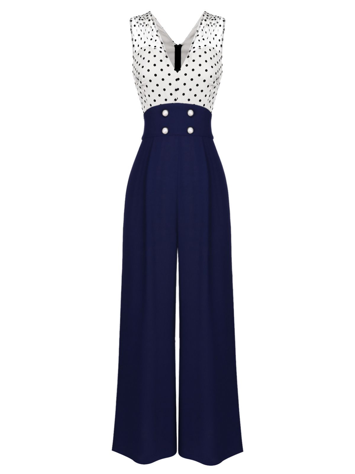 Béatrice – Combinaison Vintage Femme Bleu à Pois Col V Soirée