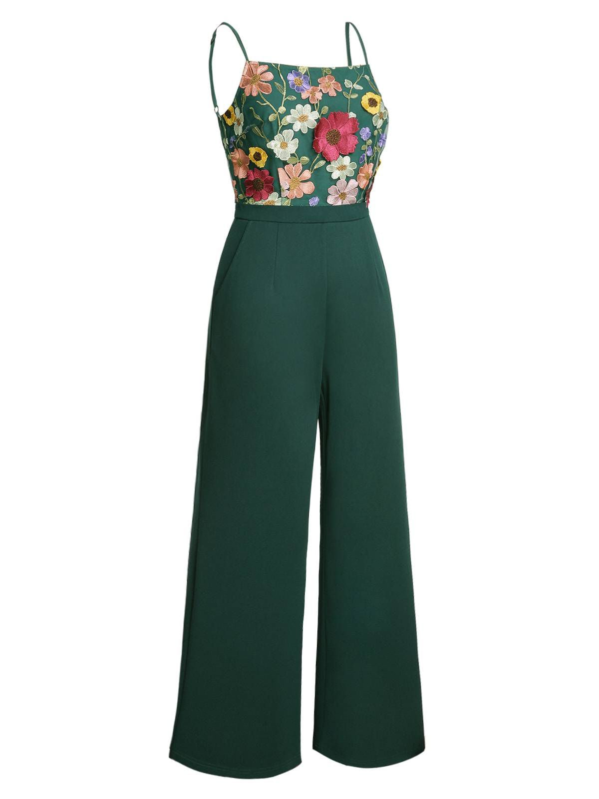 Barbara – Combinaison Verte Femme Patchwork à Fleurs 3D Bretelles 3