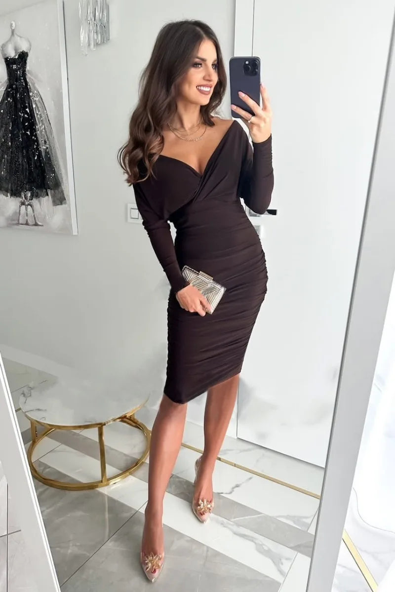 Beline - Robe de fête col V manches longues Noir
