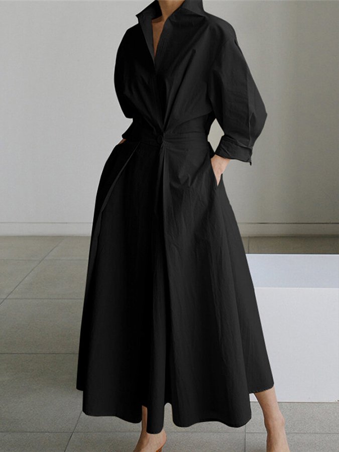 Bellona - Longue robe à revers décontractée Noir