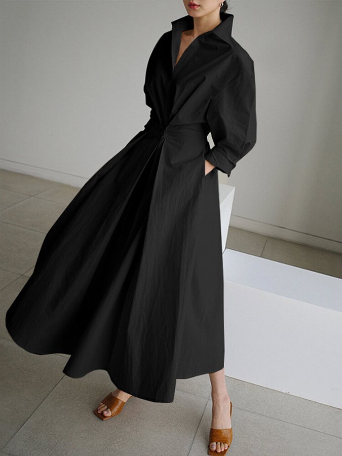 Bellona - Longue robe à revers décontractée Noir