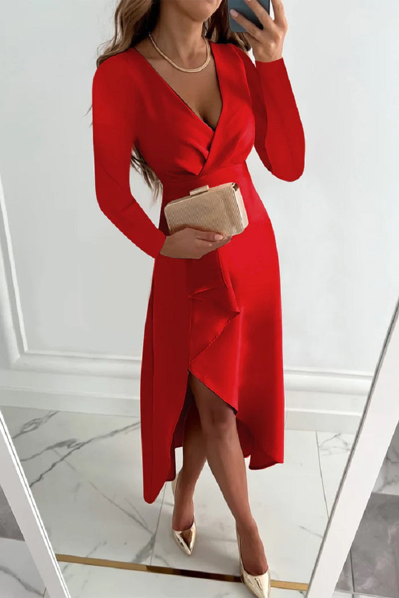 Belma - Elégante robe plissée unie Rouge