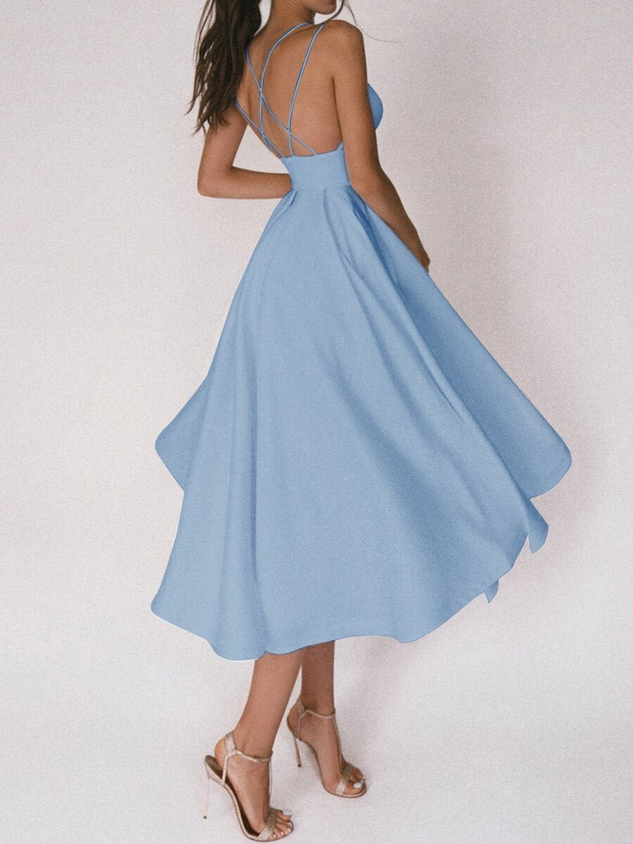 Bertheline - Robe à col en V et bretelles Bleu