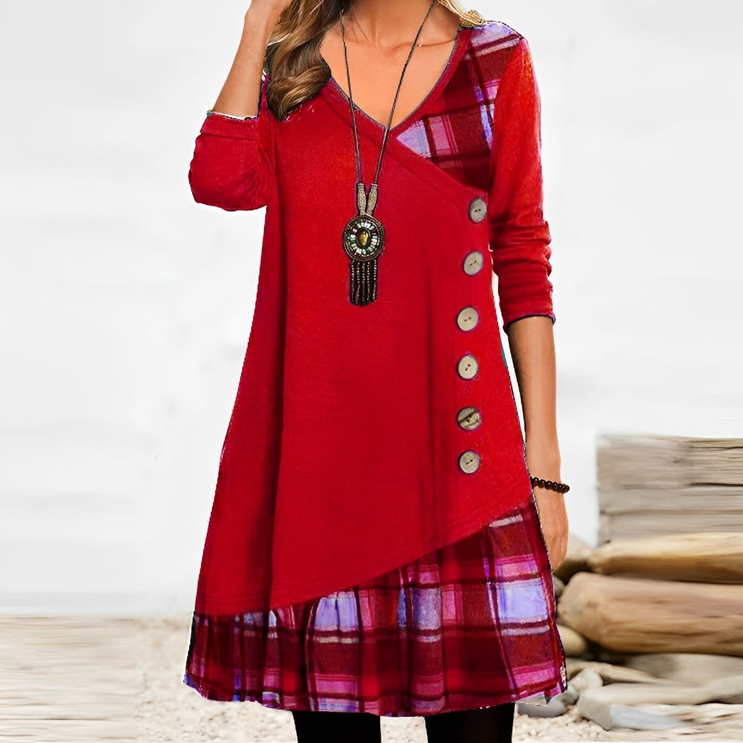 Bethsabée - Robe à carreaux géométriques Rouge