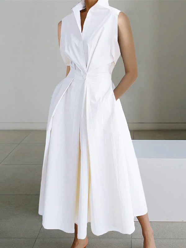 Blandine - Robe blanche col chemise en coton urbain Blanc