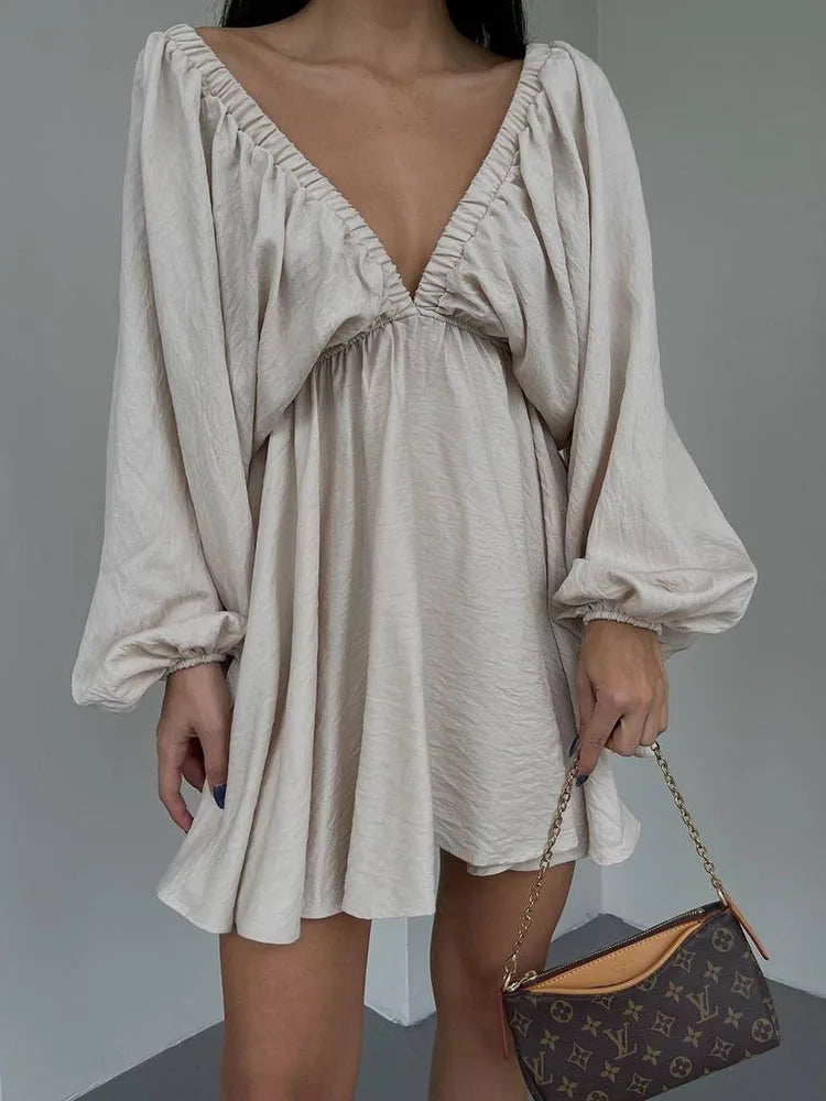 Brigitte – Robe Courte Bohème Femme Manches Longues et Col en V 2