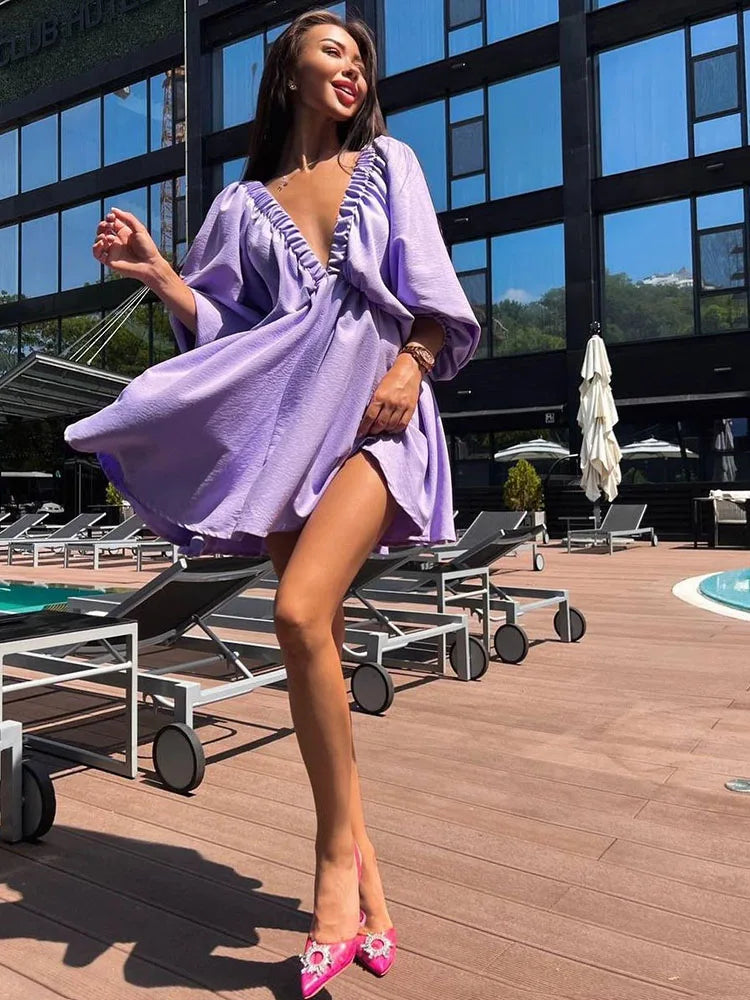 Brigitte – Robe Courte Bohème Femme Manches Longues et Col en V 6