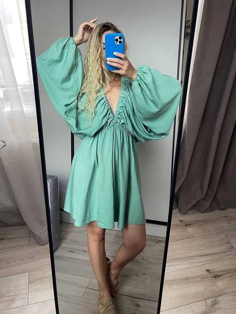Brigitte – Robe Courte Bohème Femme Manches Longues et Col en V 7