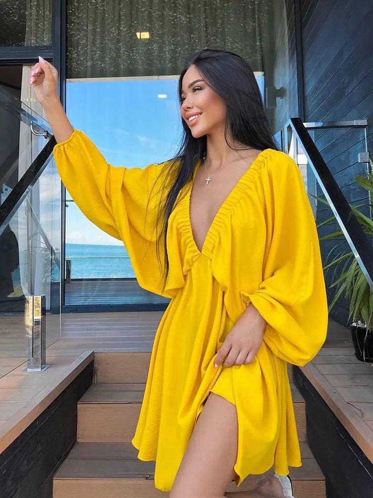 Brigitte – Robe Courte Bohème Femme Manches Longues et Col en V 8