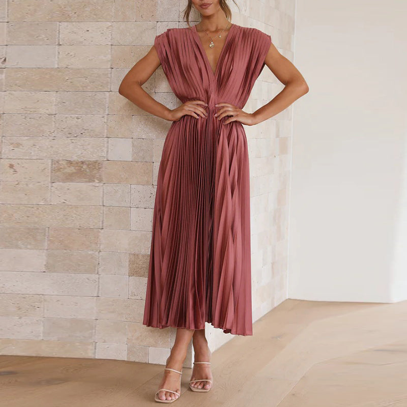 Carine - Femme Elégante Robe Col V Sans Manches Champagne