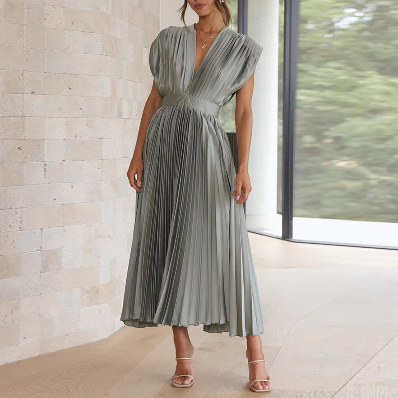 Carine - Femme Elégante Robe Col V Sans Manches L'olive 1