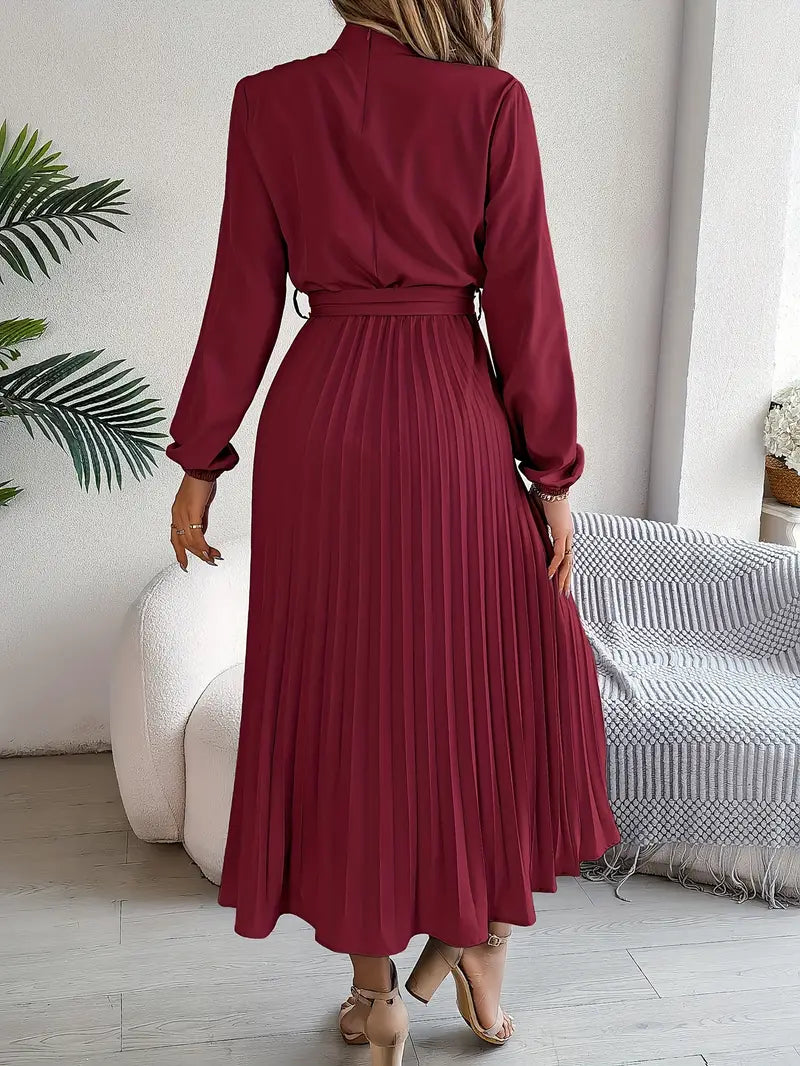 Cassandre - Robe unie à col droit et ceinture plissée Rouge 1