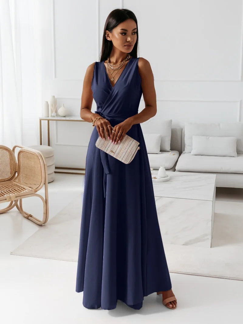 Coline - Robe longue femme col V unie Bleu marine