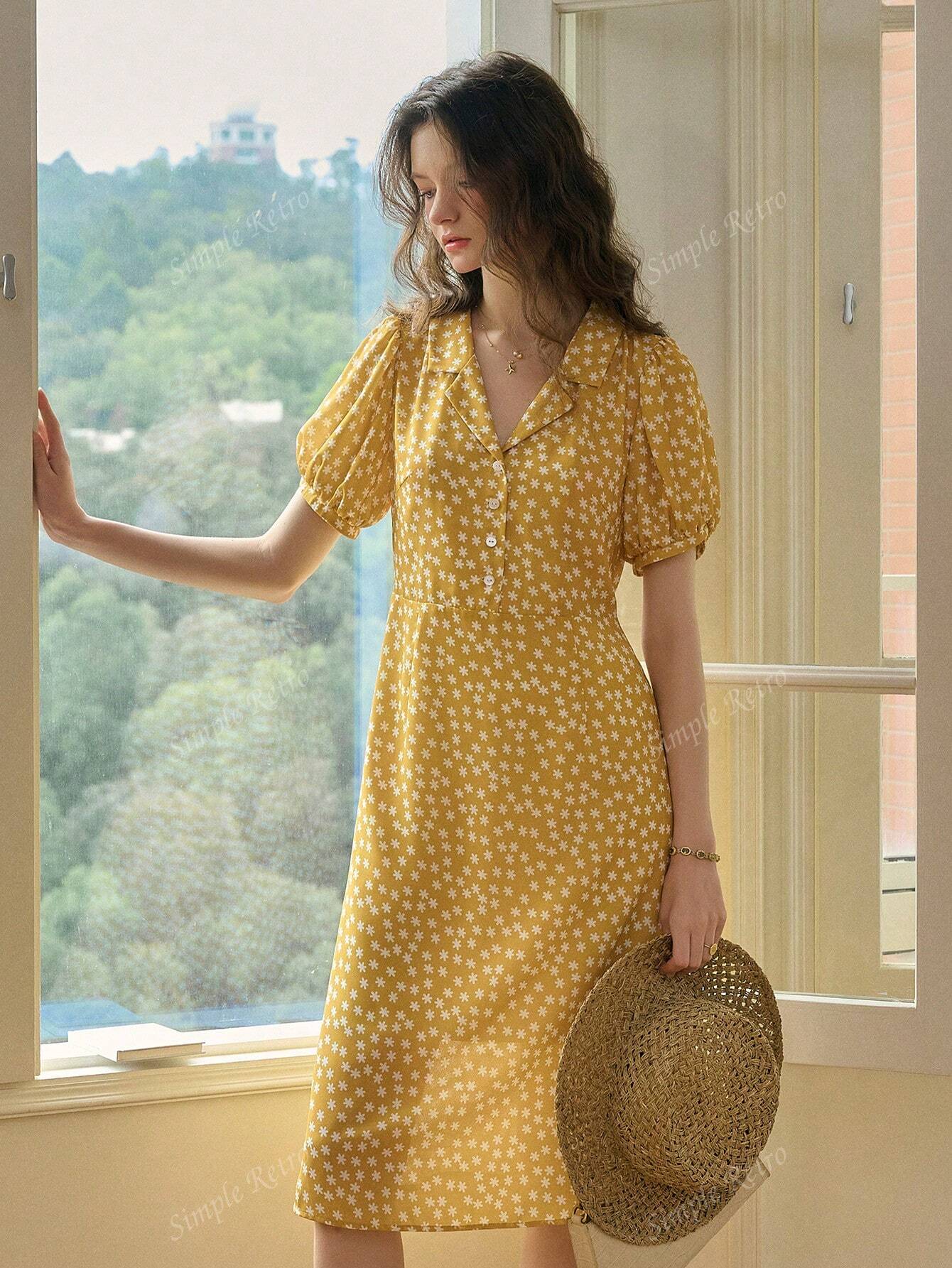 Déborah – Robe Femme Imprimé Marguerites Manches Bouffantes Printemps Été 2