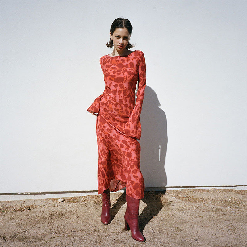 Elvire - Robe rouge imprimée à manches longues Rouge-Rose 1