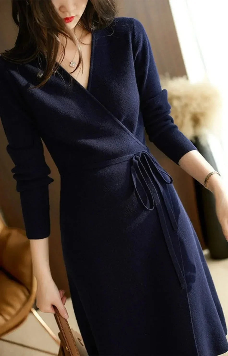 Estelle - Robe cache-cœur col V Bleu marine
