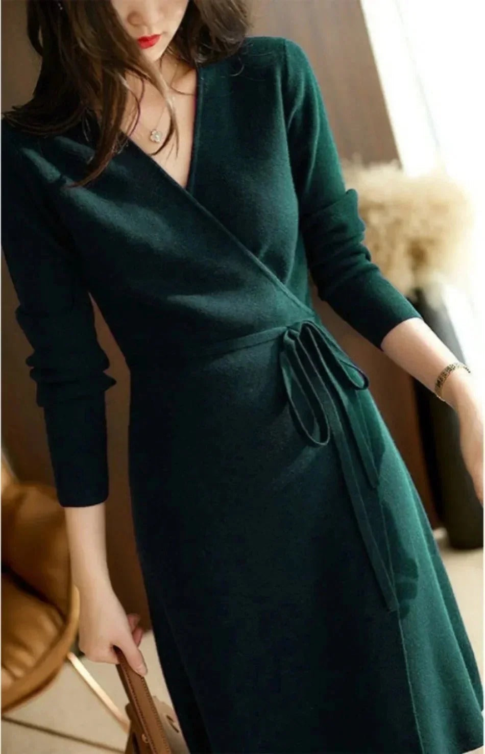 Estelle - Robe cache-cœur col V Vert foncé