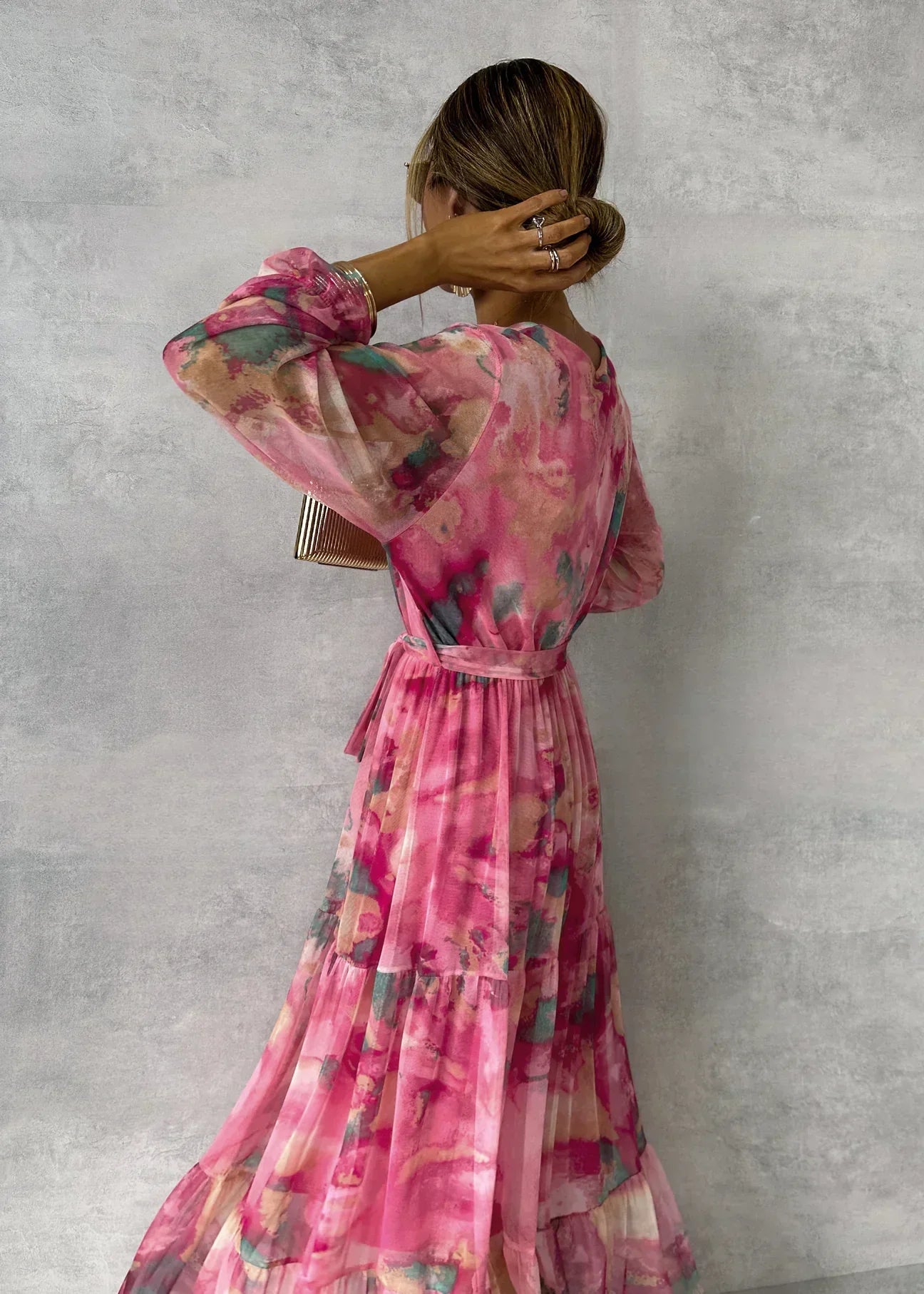 Eugénia- Robe femme portefeuille à fleurs et manches longues Rose rouge 1