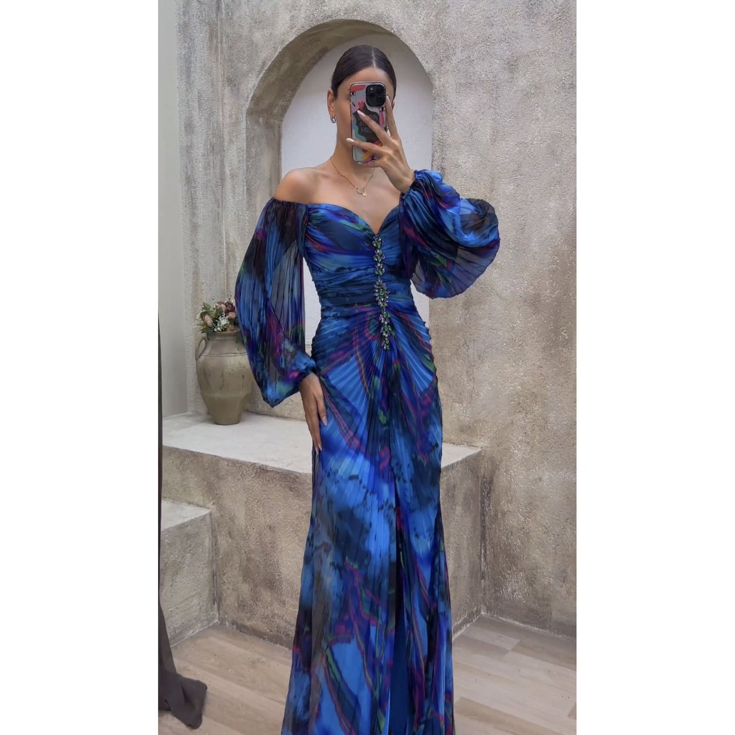 Eustachie - Robe plissée à épaules nues avec motif floral Bleu