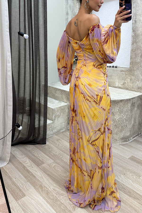 Eustachie - Robe plissée à épaules nues avec motif floral Jaune