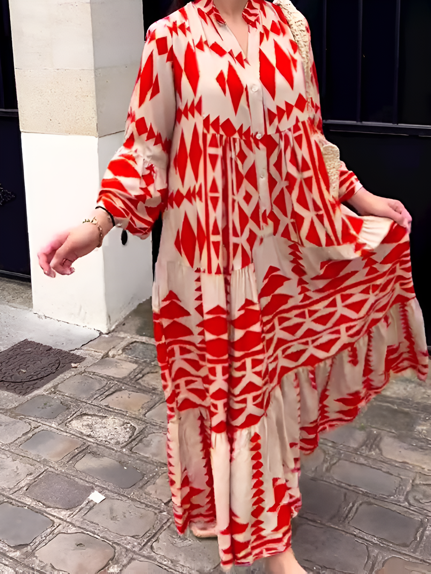 Géraldine - Maxi-robe géométrique avec patte de boutonnage Rouge 1
