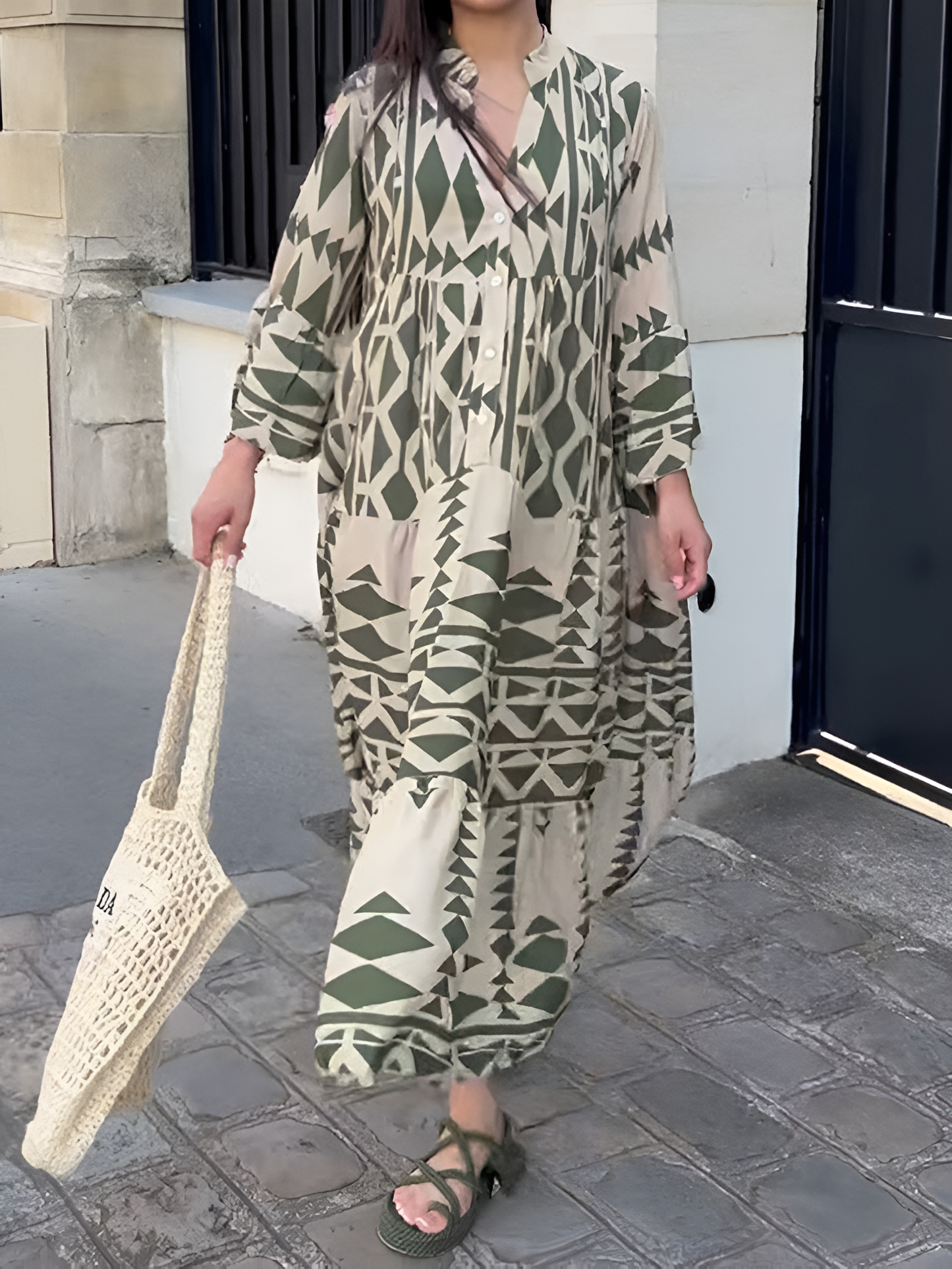 Géraldine - Maxi-robe géométrique avec patte de boutonnage Vert