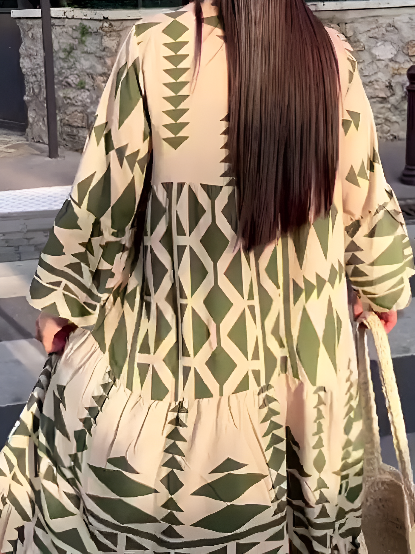Géraldine - Maxi-robe géométrique avec patte de boutonnage Vert
