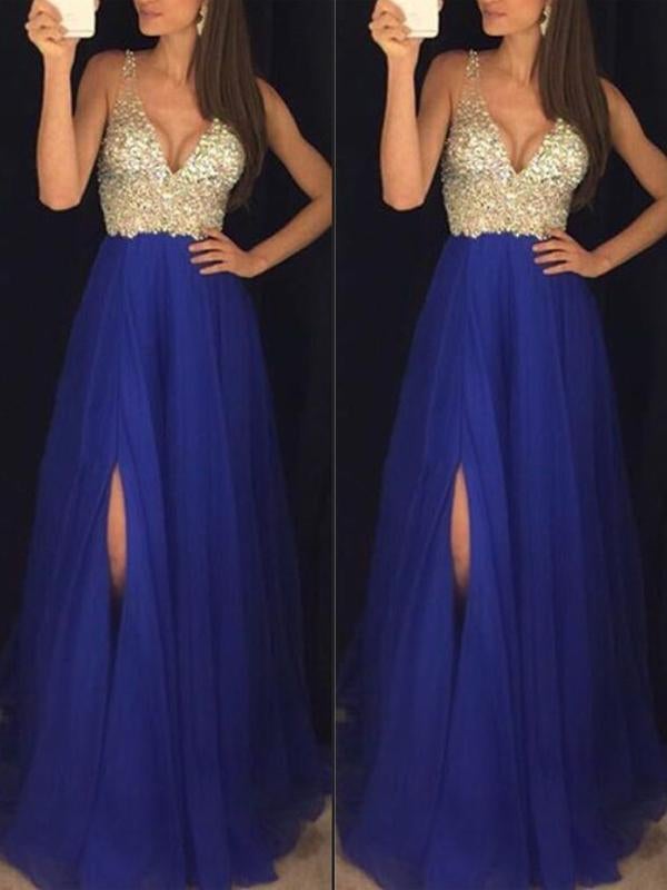 Ghisla - robe longue avec fente latérale pailletée, décolleté en V fluide Bleu saphir