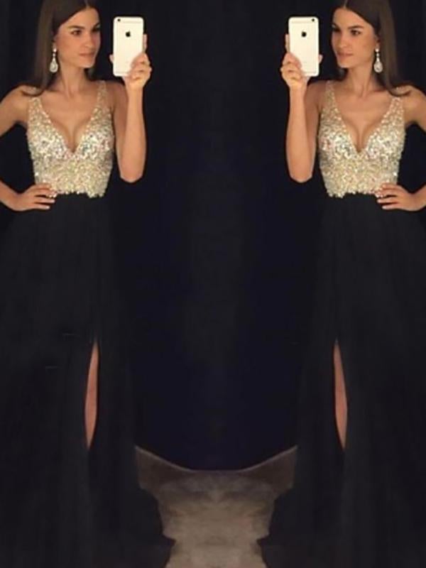Ghisla - robe longue avec fente latérale pailletée, décolleté en V fluide Noir