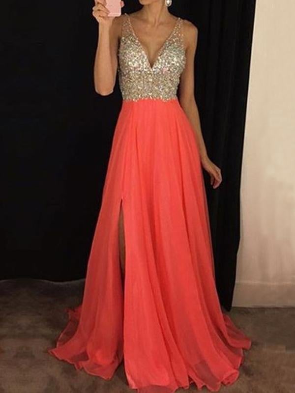 Ghisla - robe longue avec fente latérale pailletée, décolleté en V fluide Orange