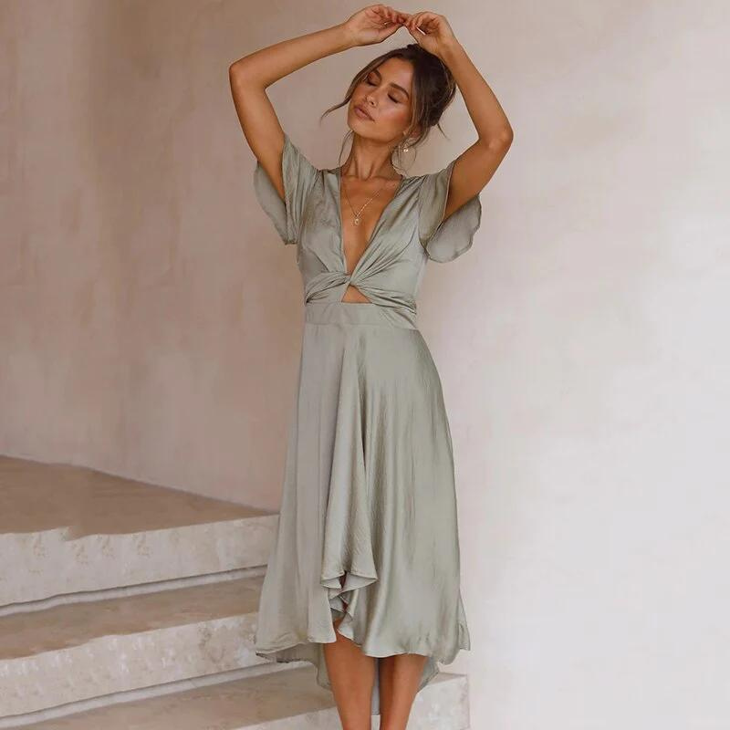 Gisèle - Elégante robe portefeuille à manches papillon Vert clair 2