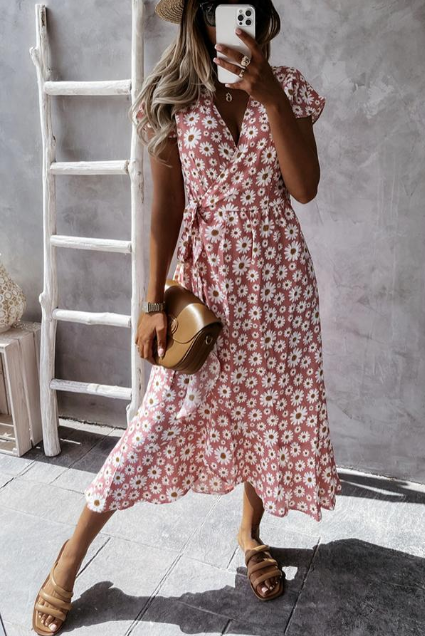 Gracieuse - Robe midi à imprimé marguerite Rose