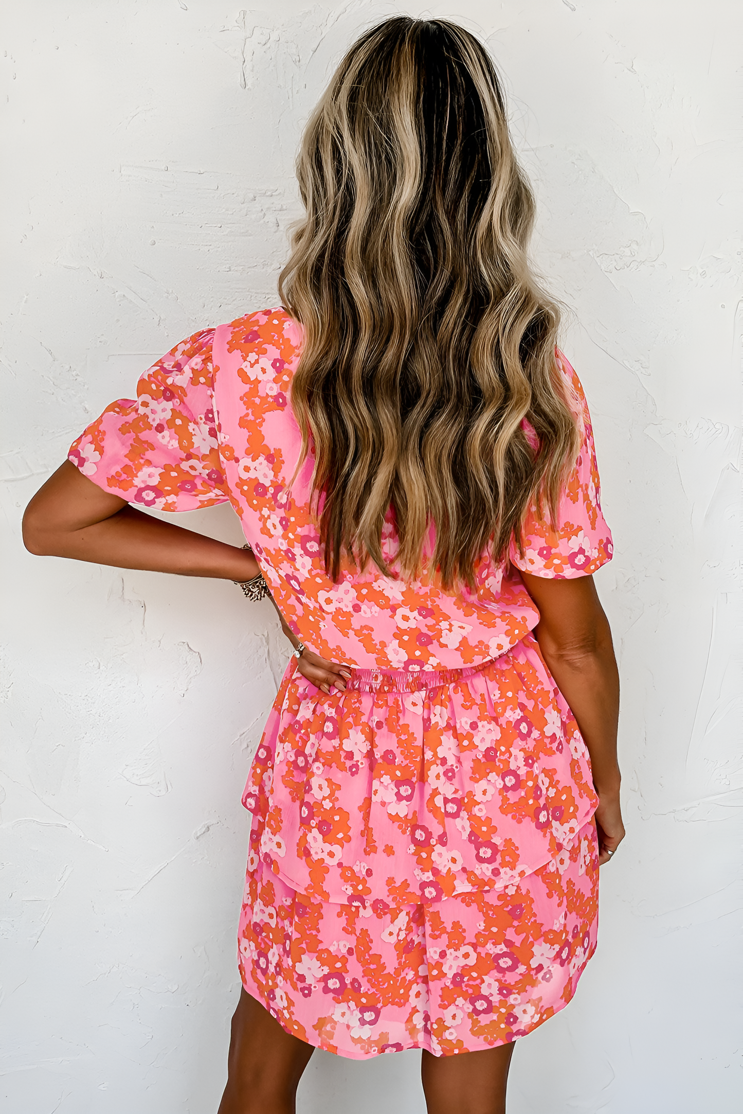 Gwenaëlle - Robe rose chic à volants et col en V Rose 3