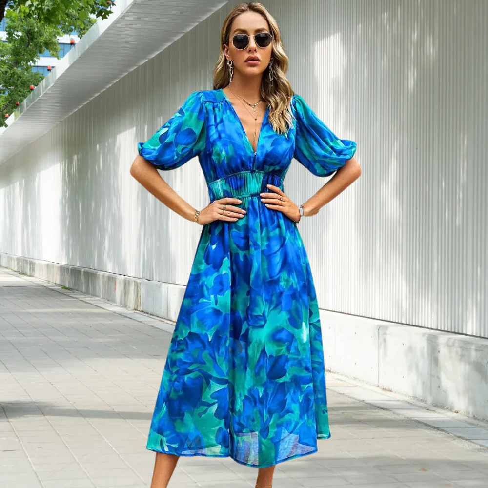 Gwenoline - Robe d'été aérienne avec imprimés floraux pour les jours chauds Bleu