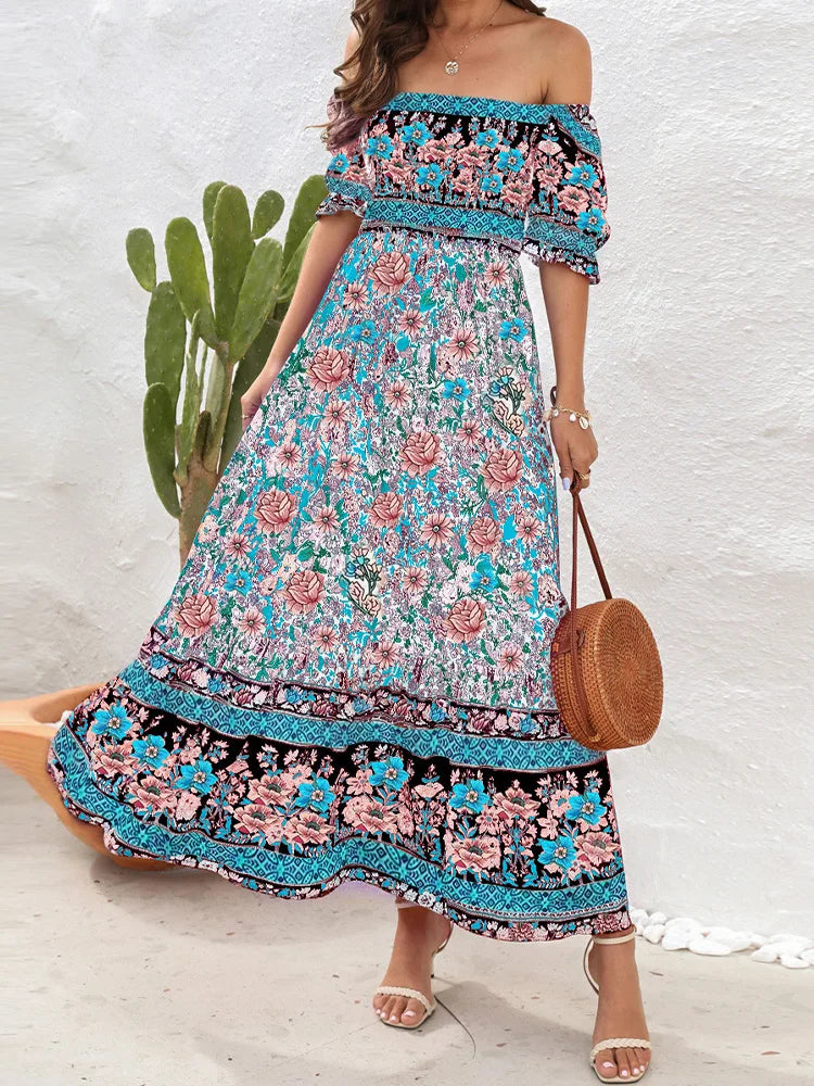 Héloïse - Robe soleil femme fleurie Bleu ciel