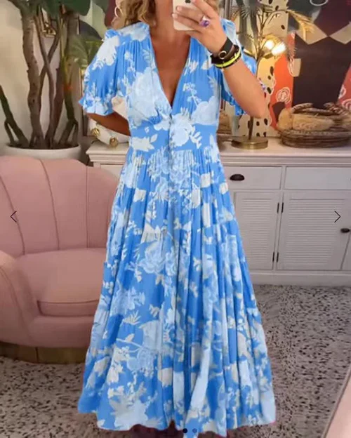 Heloina - Robe longue élégante pour femme avec décolleté en V Bleu