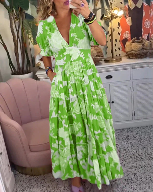 Heloina - Robe longue élégante pour femme avec décolleté en V Vert