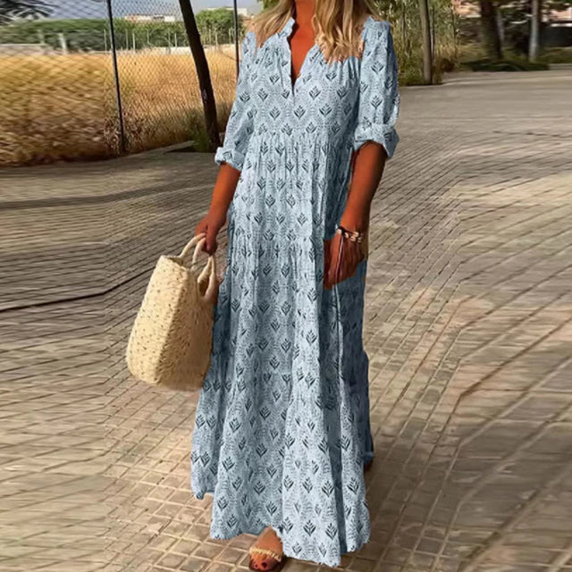 Hilya - Robe décontractée pour femme, manches longues et décolleté en V Bleu