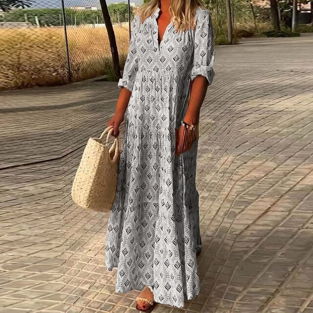 Hilya - Robe décontractée pour femme, manches longues et décolleté en V Gris