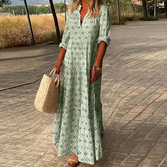 Hilya - Robe décontractée pour femme, manches longues et décolleté en V Vert