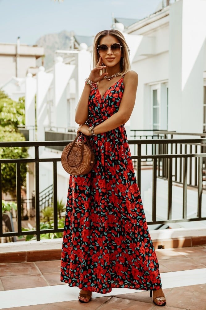 Idalie - Robe boho maxi à bretelles et imprimé Fleur rouge