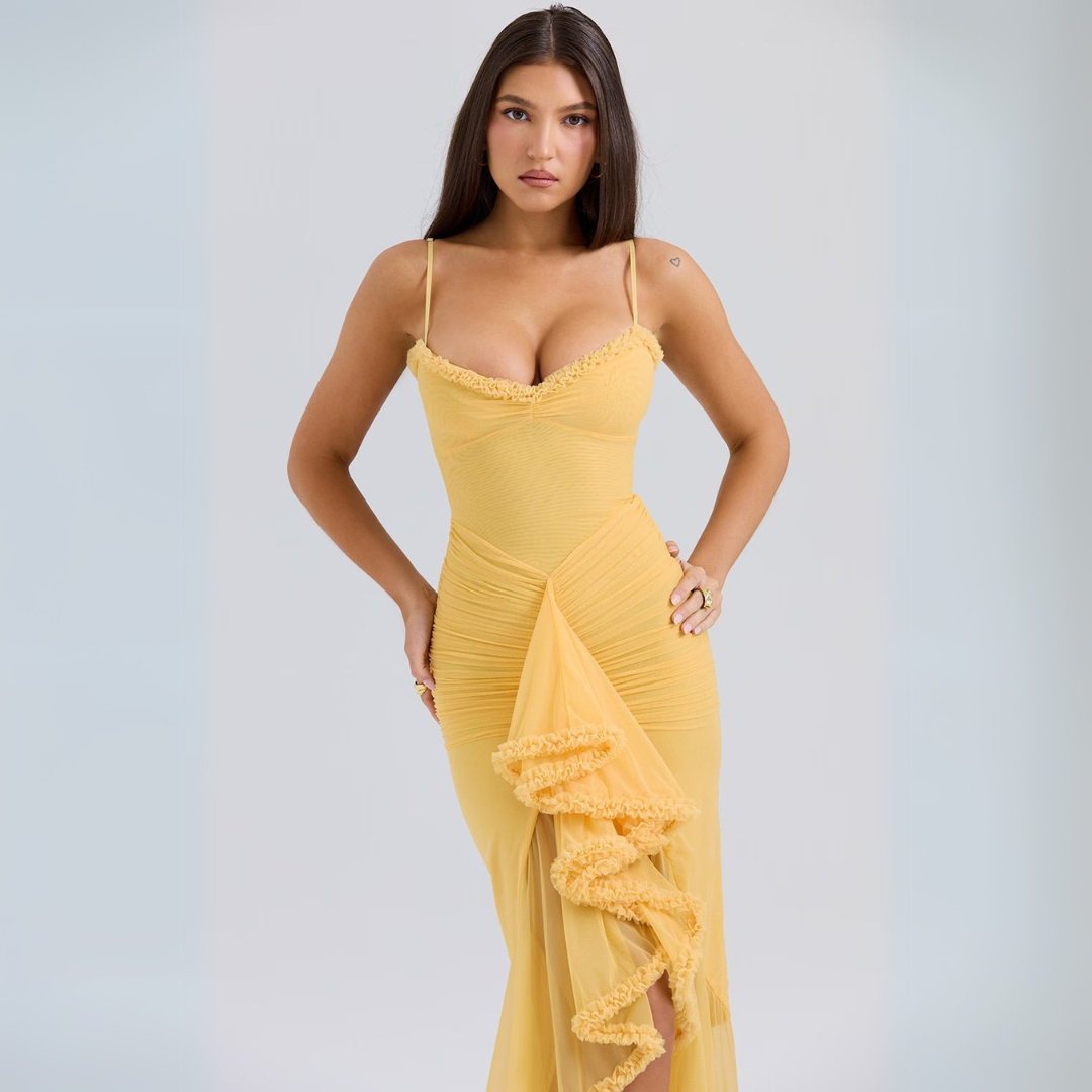 Isaure - Robe midi femme froncée jaune été Jaune 4
