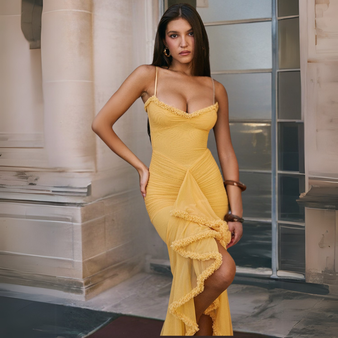 Isaure - Robe midi femme froncée jaune été Jaune 5
