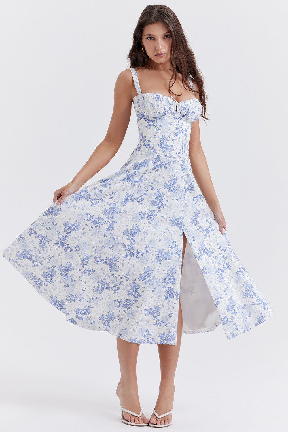 Iseline - Nouvelle robe femme imprimé floral avec sangles Blanc Bleu