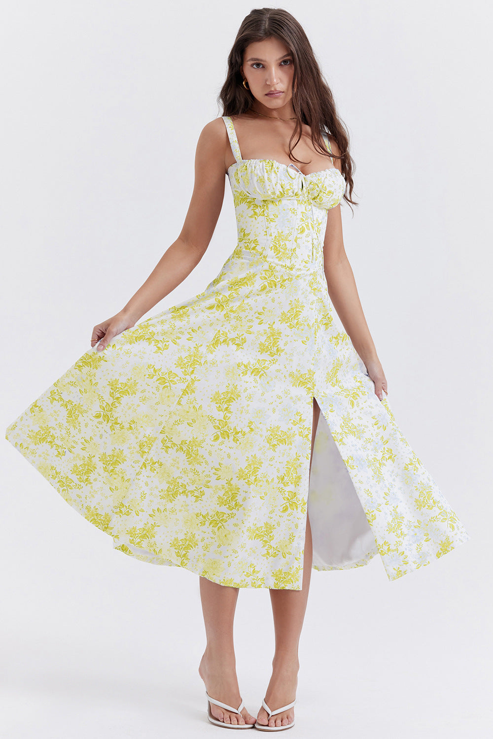 Iseline - Nouvelle robe femme imprimé floral avec sangles Blanc Jaune