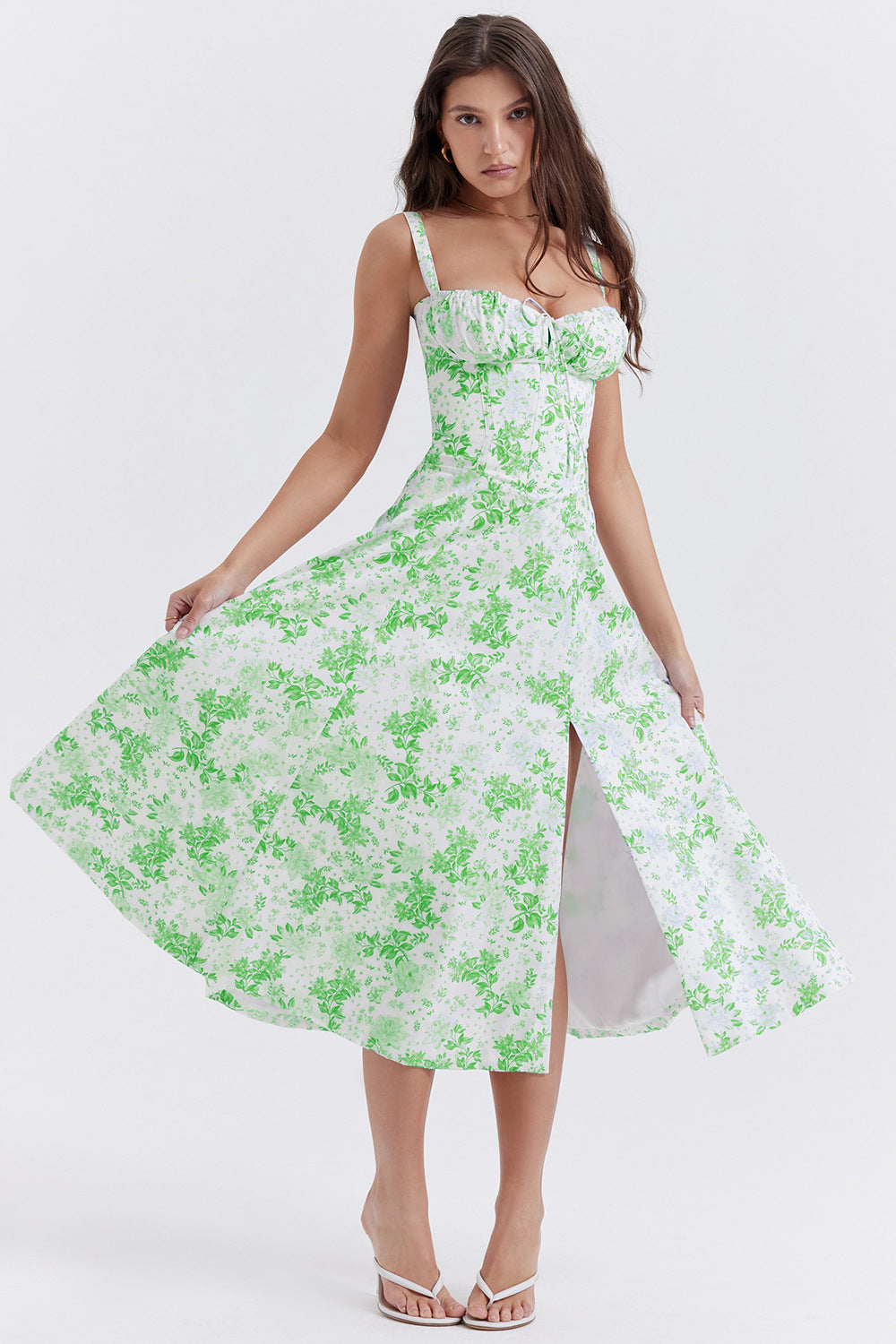 Iseline - Nouvelle robe femme imprimé floral avec sangles Blanc vert clair