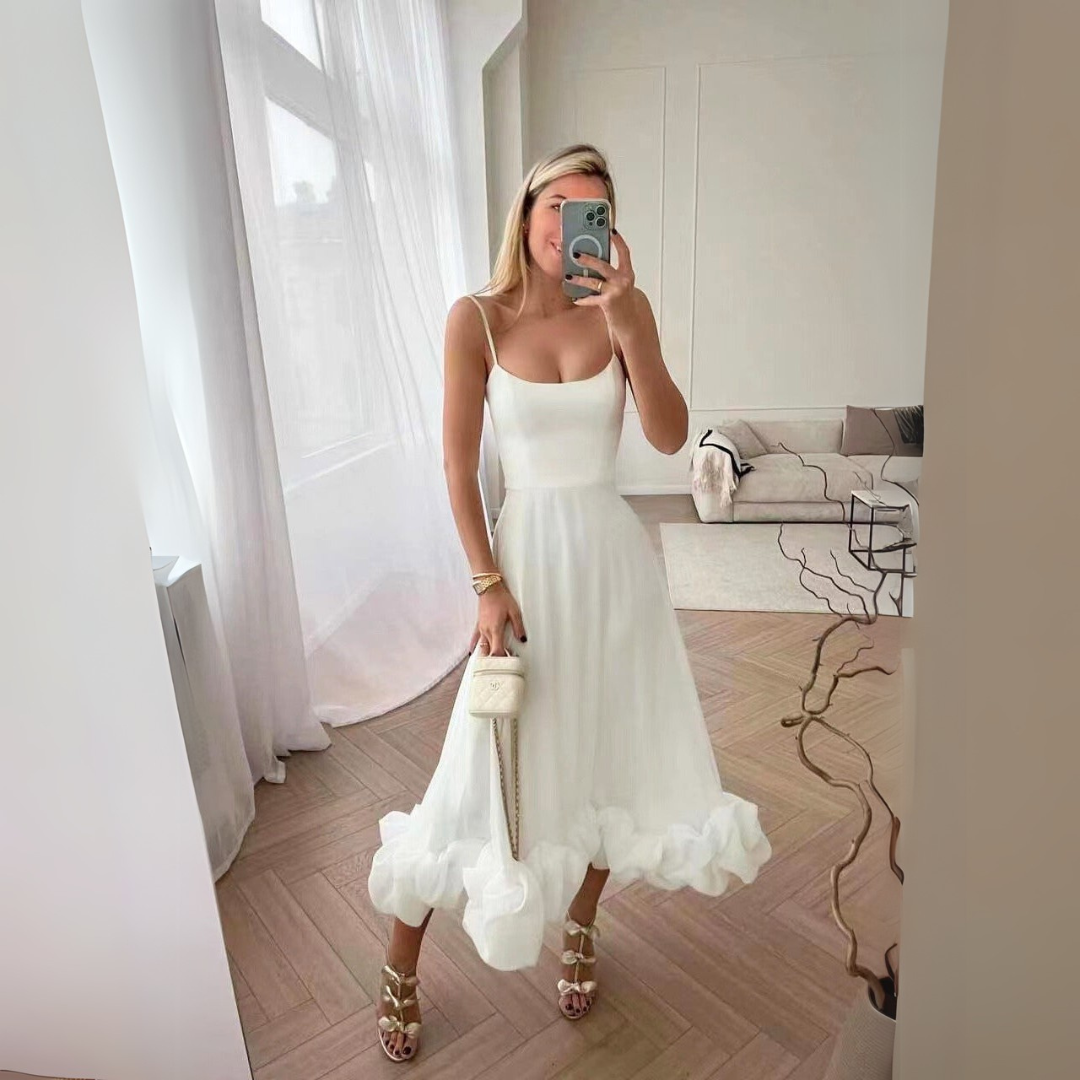 Ismène - Robe Midi Froncé Femme Elégante Blanc