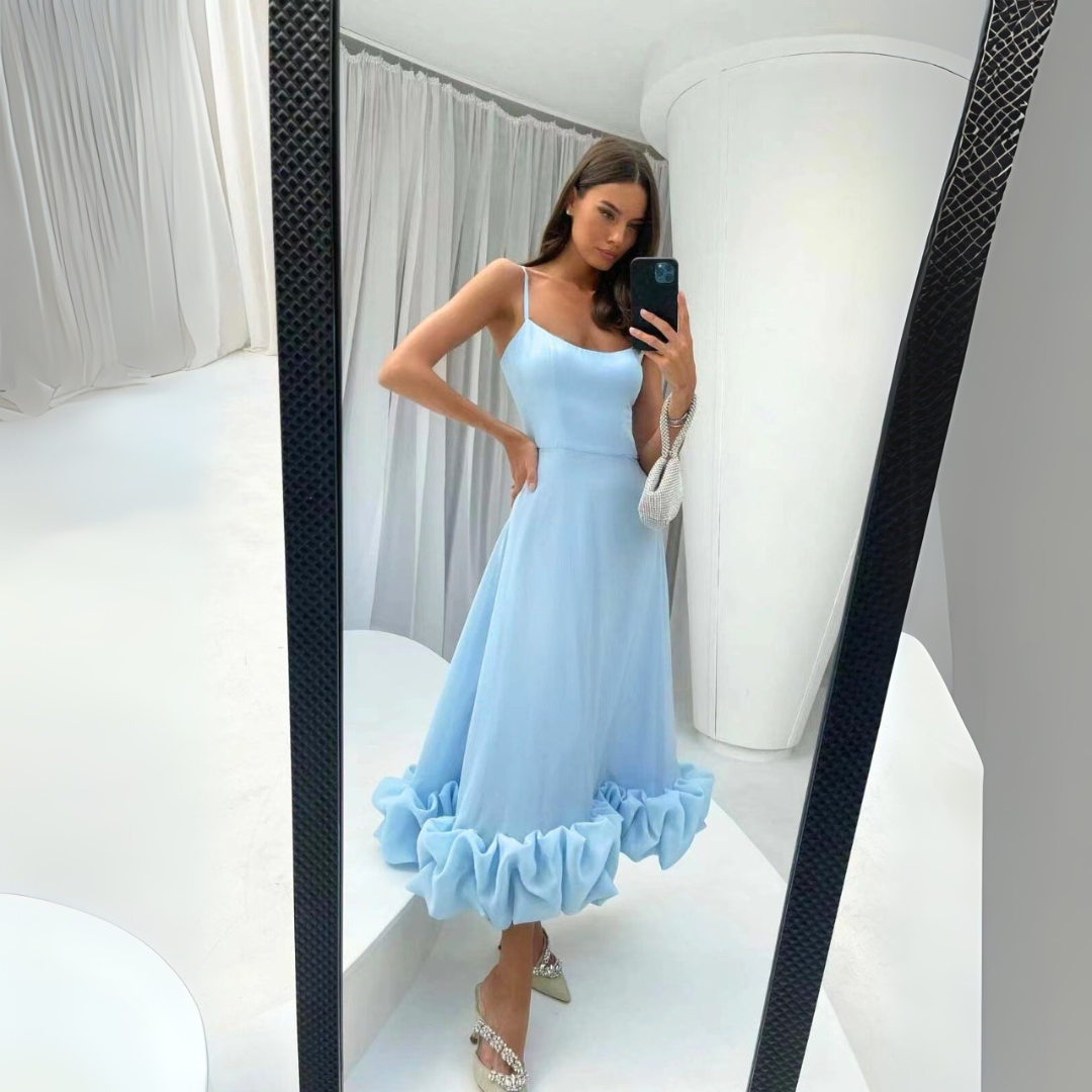 Ismène - Robe Midi Froncé Femme Elégante Bleu 2