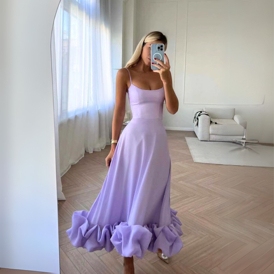 Ismène - Robe Midi Froncé Femme Elégante Lila
