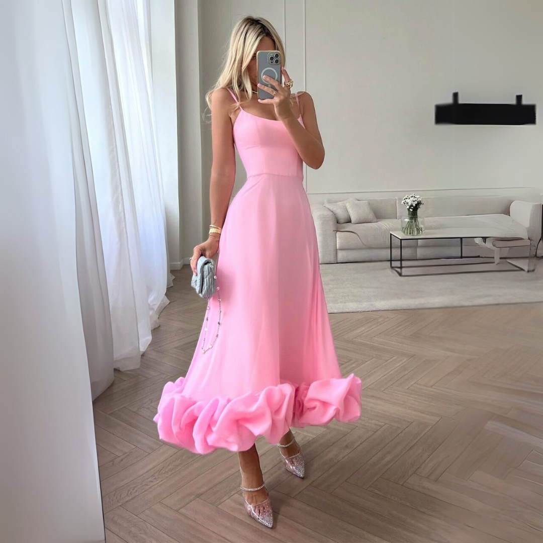Ismène - Robe Midi Froncé Femme Elégante Rose